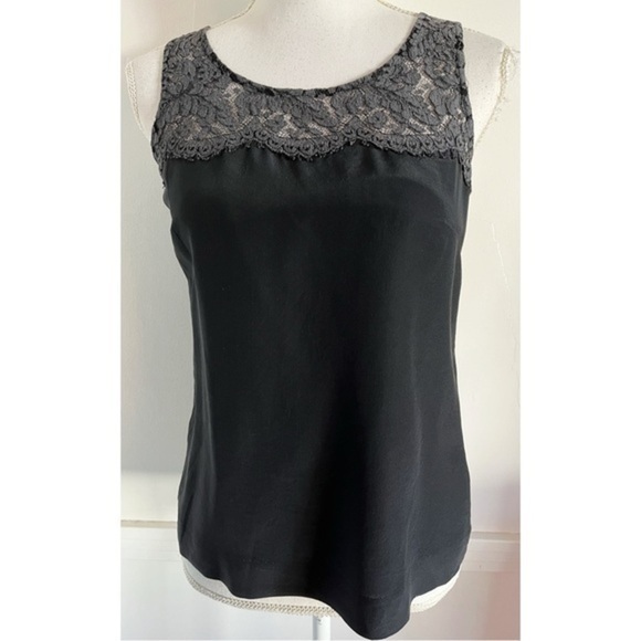 J. Crew • Solid Black 100% Silk Lace Neckline Tank Top - Picture 1 of 4